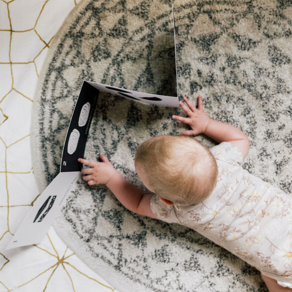 Baby playing with an accordion card on a patterned rug