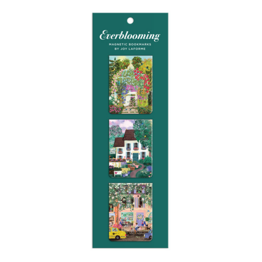 A magnetic bookmark set of three, featuring three blooming designs of floral bushes and trees in front of vintage houses.