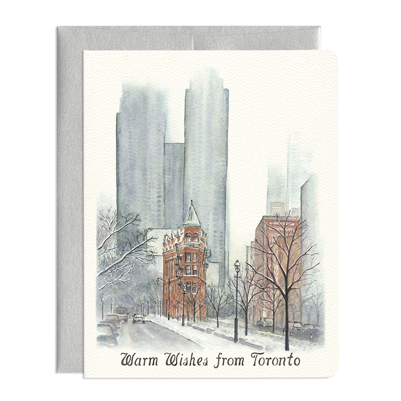 This Gooderham Flatiron greeting card features the historic Toronto building in front of modern skyscrapers on a foggy winter day, a juxtaposition of old and new.