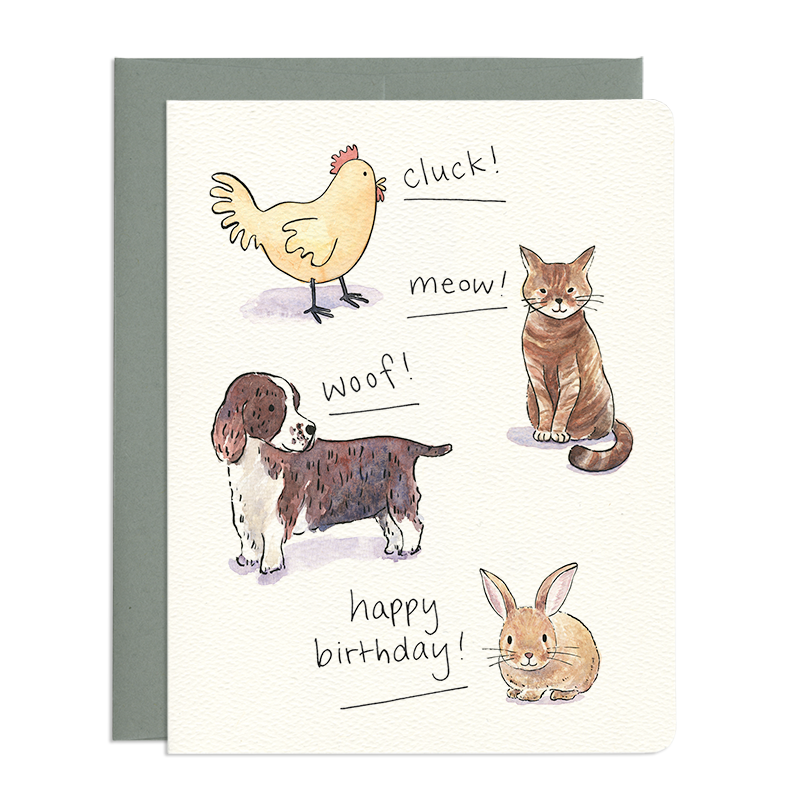 Card front features a hand-drawn chicken, cat, dog, and bunny. Each animal makes their own sound, except the bunny who says: happy birthday!