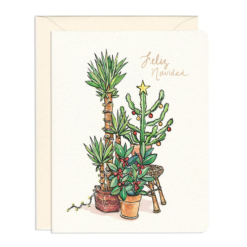 Card cover features three succulent plants decorated with red and gold baubles and bows. A cactus is topped with a star. The gold foil text reads: Feliz Navidad.