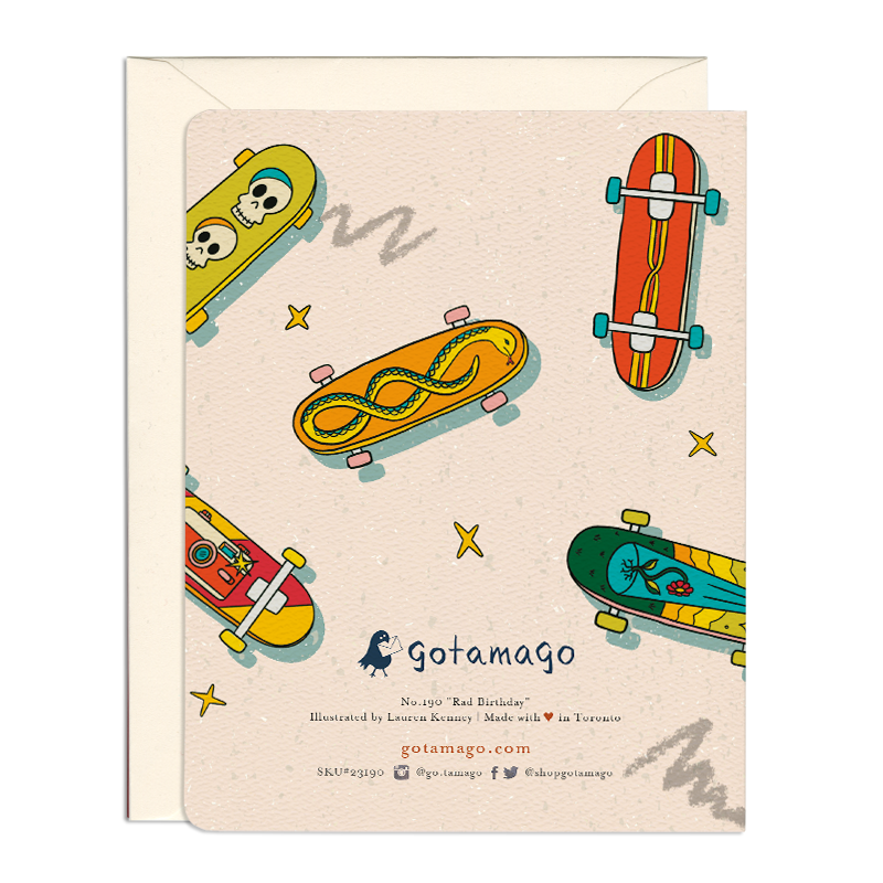 Card back features skateboards with deck designs including flowers, a camera, a snake, and skulls. 