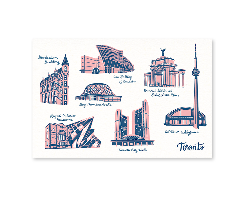 Postcard features seven iconic Toronto locations rendered in flamingo pink and royal blue. Each building is labelled in hand lettered script.