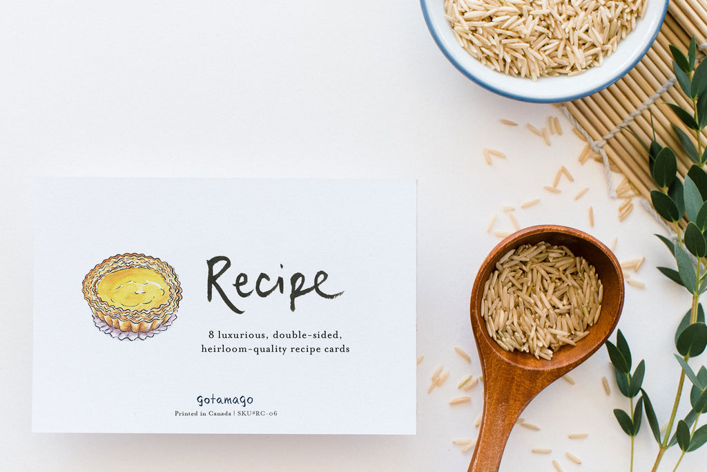 Hand lettered recipe card book cover with watercolour eggtart.