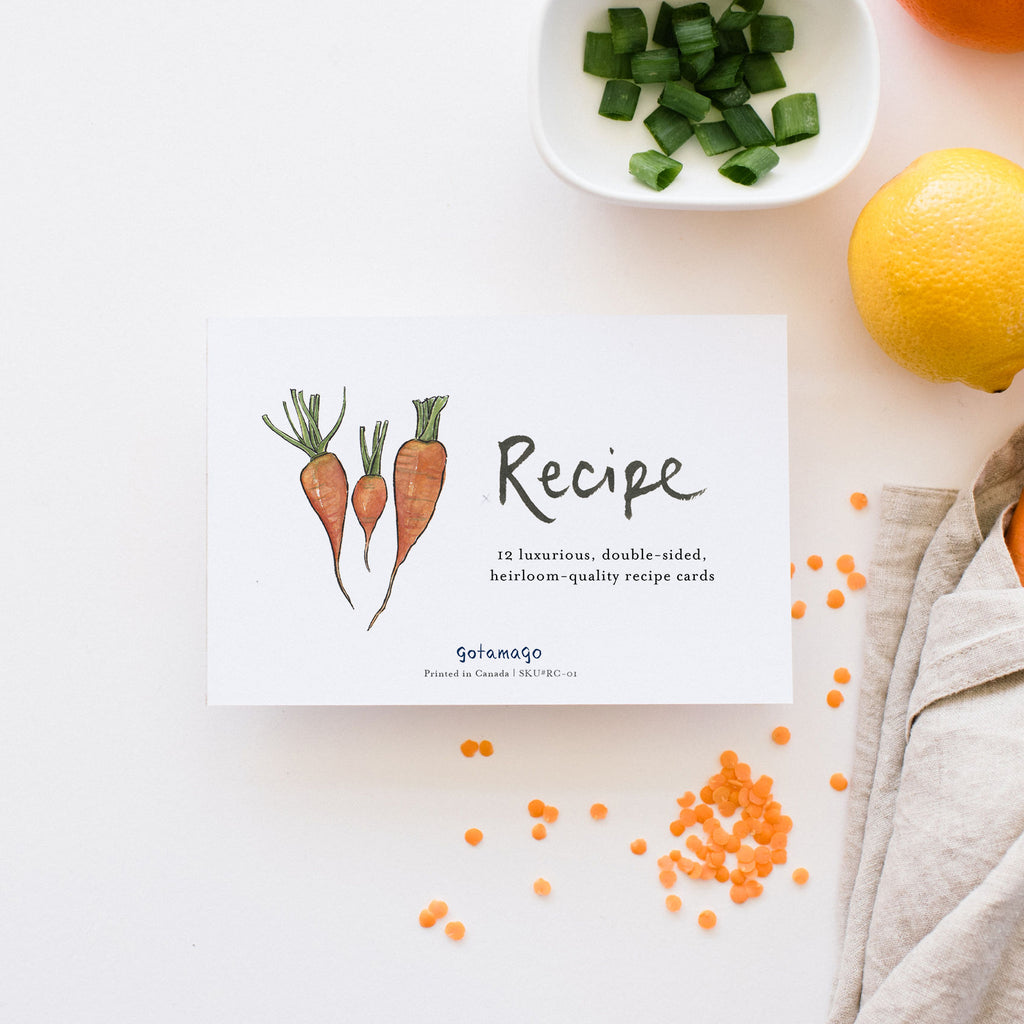 Hand lettered recipe card book cover with three watercolour carrots.
