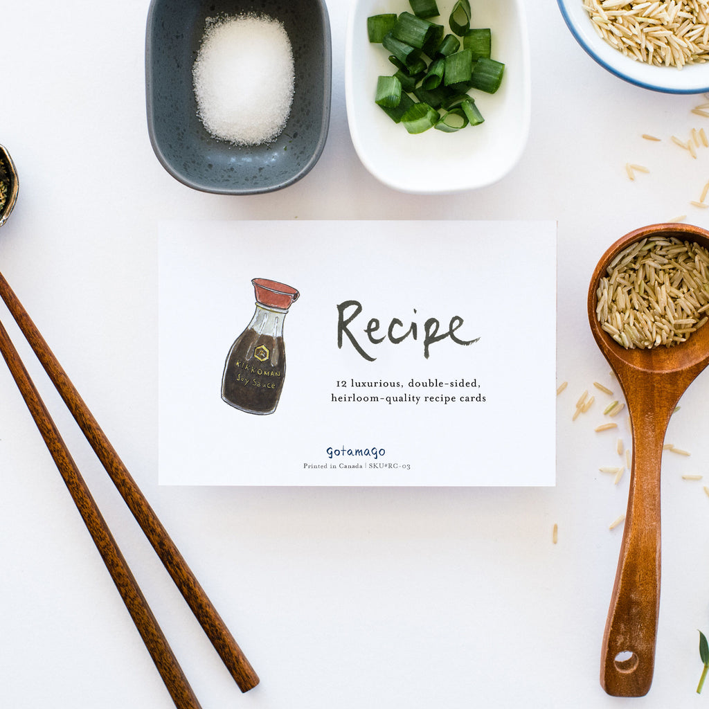 Hand lettered recipe card book cover with watercolour soy sauce.